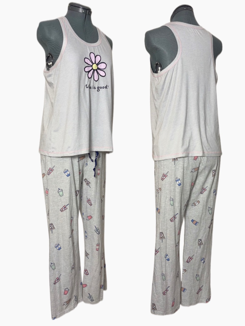 Life Is Good Pajama Set White Daisy Tank, Light Gray Lounge Pants women's medium - Picture 2 of 16